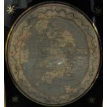 A 19th century embroidered oval map of England & Wales by E Langdon 1813, the top left corner with