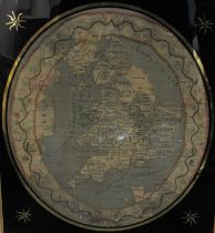 A 19th century embroidered oval map of England & Wales by E Langdon 1813, the top left corner with