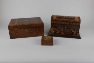 A 19th century Tunbridgeware tea caddy the domed lid decorated with a castle 25.5cm, together with a