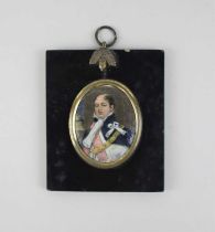 An early 19th century oval miniature portrait of a gentleman wearing a pink sash and gold chain,