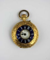 A gold cased and enamelled keyless wind open faced ladies fob watch, the jewelled lever movement