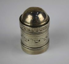 A silver nutmeg grater cylindrical shape with engraved decoration, steel grater with cover and domed