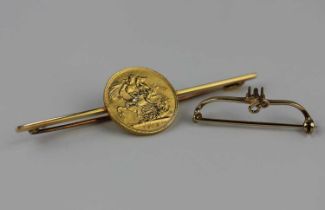 A George V sovereign 1913 mounted to a bar brooch, unmarked, and a gold screw-in brooch pin fitting,