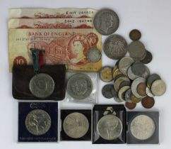 A group of mostly foreign coins and further items including a Prussia 2 thaler 1841, a German 5