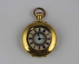 A gold cased and enamelled keyless wind half hunt in case ladies fob watch with unsigned gilt