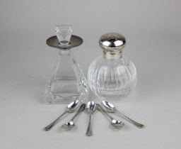 A modern silver lidded glass perfume bottle with stopper Birmingham 2002 another silver mounted
