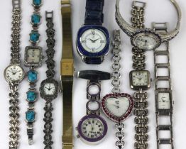An Ingersoll quartz silver circular cased ladies bracelet wristwatch, a Woodford quartz silver