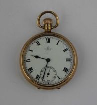 A 9ct gold Coventry Astral open face pocket watch top wind with white dial, Roman numerals and