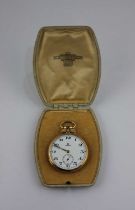 An Omega gold cased keyless wind open faced dress watch, with a signed jewelled movement, the