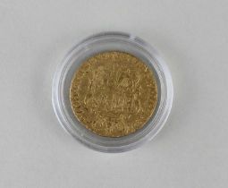 A George II gold guinea 1749 with a crowned quartered shield of arms, 8.2g (a/f)