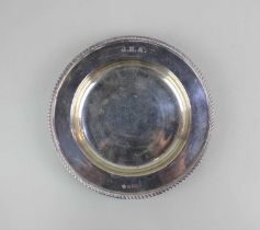 A George V silver circular dish with gadrooned border and engraved initials, Birmingham 1918, 5oz