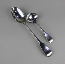 A William IV silver Fiddle pattern basting spoon and sauce ladle, monogrammed, maker John James