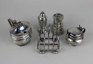 A George V silver pepper, (makers mark worn), Chester 1912, an Edward VII silver mustard pot,