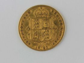 A Queen Victoria 1887 jubilee gold half sovereign with shield back, dated 1887
