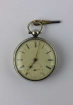 A silver cased pocket watch, the white enamel dial with Roman numerals and subsidiary seconds,