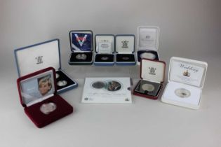 A collection of Royal Mint silver proof commemorative coins including a Diana, Princess of Wales