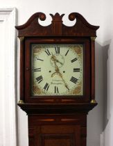 A George III oak and mahogany inlaid longcase clock, the square painted dial with Roman numerals,