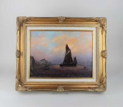 20th century school, boat sailing off a shoreline at sunset, oil on canvas, initialled 'JGH', 28cm