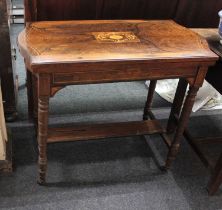 An Edwardian rosewood inlaid card table, with shaped rectangular swivel top with baise lined