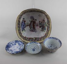 A Chinese porcelain bowl with figural decoration and gilt embellishments, together with two small