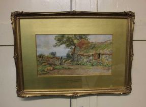 Attributed to W Bothams, sheep by an old thatched outbuilding, 'On a Devonshire Farm',