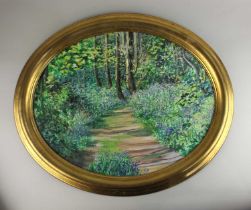 Margot Smith, Bluebell wood, oval oil on canvas, unsigned, verso Certificate of Authenticity, 38cm