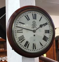 A mahogany cased wall clock with fusee movement, the 11 inch cream painted dial with Roman