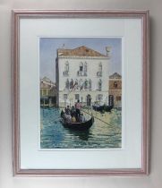 A J Robinson, Venice - crossing the canal, watercolour, signed and indistinctly dated, 36cm by 26cm