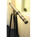 A Stanley London brass telescope 98.5cm mounted on a wooden and brass tripod (a/f)