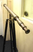 A Stanley London brass telescope 98.5cm mounted on a wooden and brass tripod (a/f)