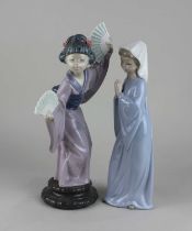 A Lladro porcelain figure of a geisha holding two fans 30cm, and a Nao porcelain figure