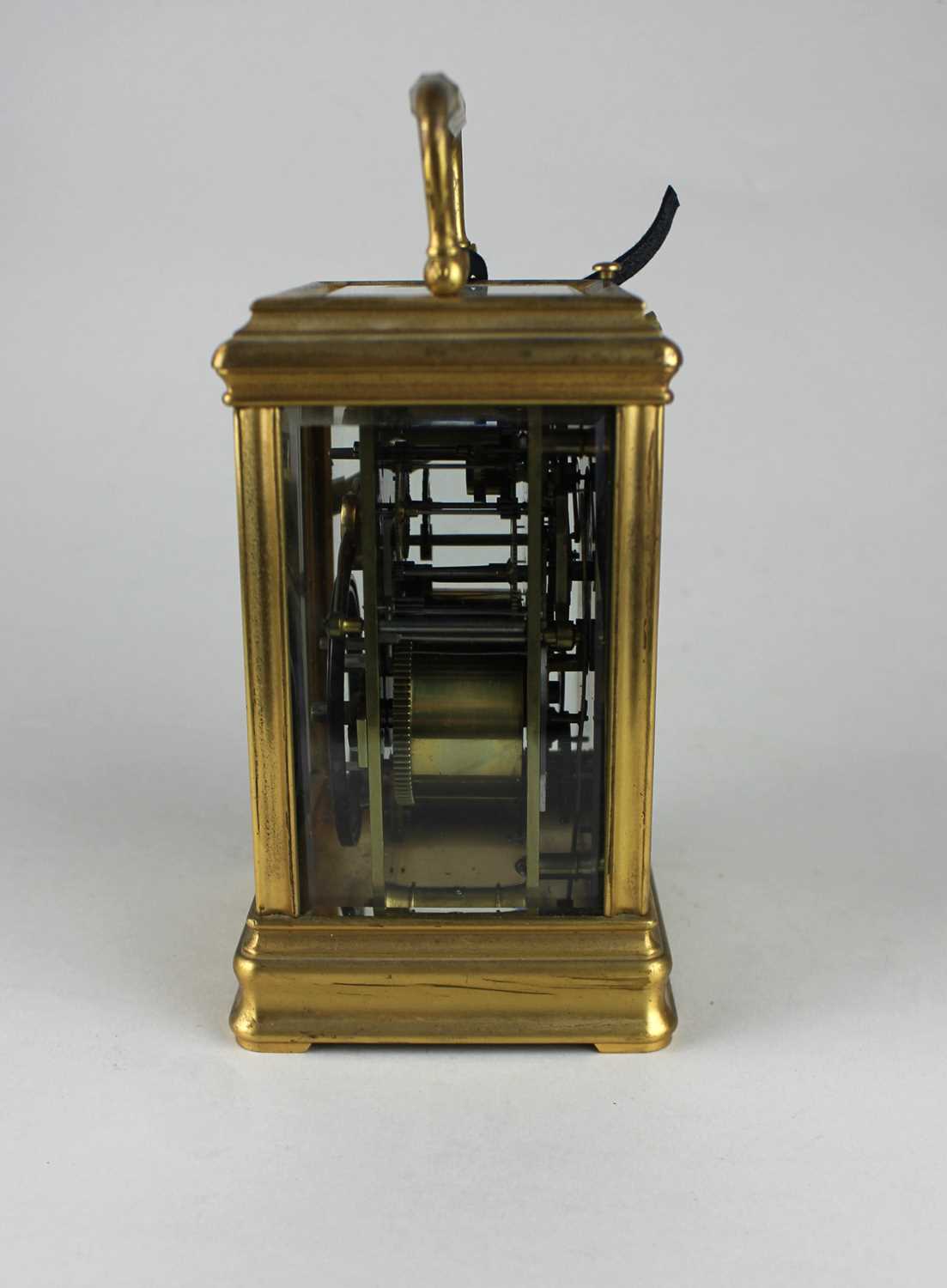 A 19th century gilt metal cased repeating carriage clock, the white enamel dial signed W Thornhill & - Image 3 of 5