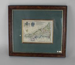 An 18th century Herman Moll engraved map of Cornwall, verso label and paperwork from King's Court