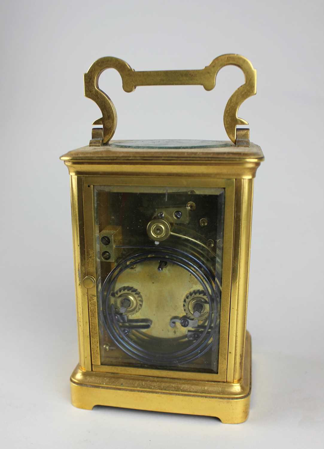 A 19th century French gilt brass carriage clock, the white enamel dial with Roman numerals, striking - Image 3 of 5