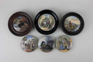 A collection of six paste pot lids, three framed, to include 'The wolf and the lamb' and 'Uncle