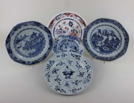 Three Chinese blue and white plates, a small dish and an Amehurst Japan pattern plate (a/f)