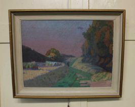 20th century British school, Impressionist style landscape with pink tinged sky, oil on canvas,