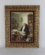 H Richter, drawing room scene of gentleman seated at a desk surrounded by books, oil on canvas,