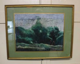 R Lions (20th century), couple in a green landscape, oil pastel, indistinctly signed and dated Oct