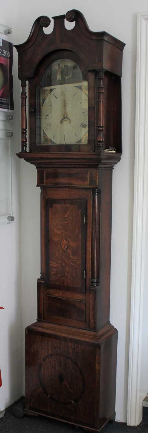 A George III oak inlaid and banded striking 30 hour longcase clock, the painted dial with hunting