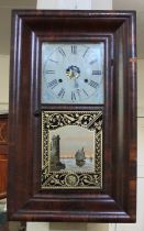 A Jerome & Co American wall clock, the rectangular case with glazed panel door decorated with a