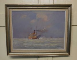Vic Ellis (1921-1984), steam ship, oil on canvas, signed 29cm by 39cm