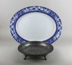 An Adderleys ltd 'Delhi' blue and white oval platter with a border of birds and acorns 46cm,
