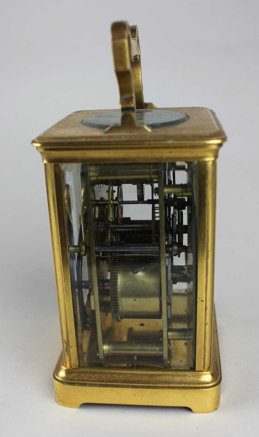 A 19th century French gilt brass carriage clock, the white enamel dial with Roman numerals, striking - Image 4 of 5