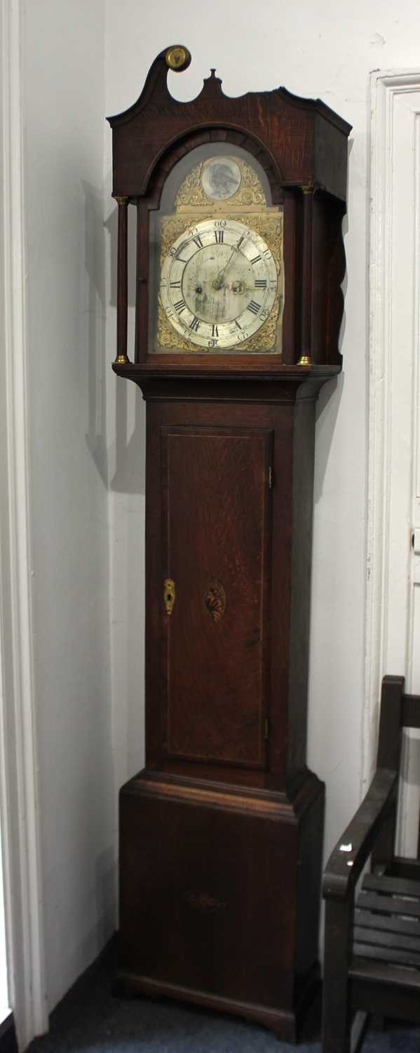 An oak longcase clock, the bell striking movement with brass and silvered break-arch dial - Image 2 of 3