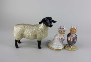 A Beswick model of a sheep and a pair of Royal Doulton Brambly Hedge figures of Dusty Dogwood and