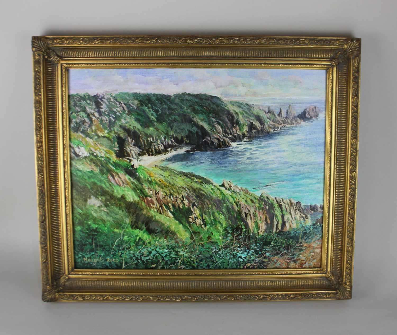 Margot Smith, coastal Guernsey landscape, 'Overlooking Pea Stacks', oil on canvas, signed and