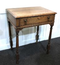 A George III style oak side table with single drawer, on block and turned legs, 64cm