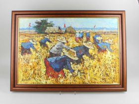 Noparat Livisiddhi (Thailand born 1932), workers in the fields, oil on canvas, signed, 39cm by 60cm