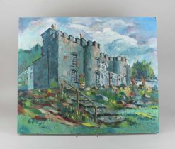 Hugh Crossley, 'Arthog Hall, Merioneth', oil on board, signed and dated 1968, 51cm by 61cm,